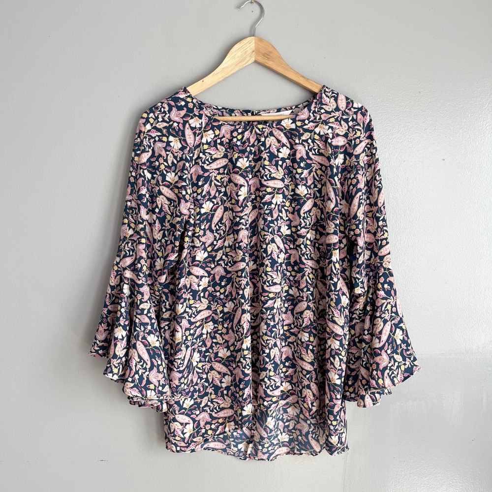 LC Lauren Conrad Navy Blue Pink Floral Paisley Bell‎ Sleeve Blouse Boho Top XL